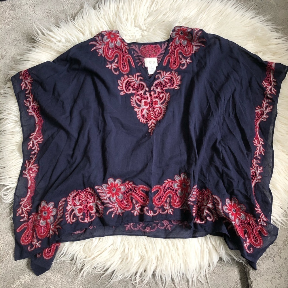 Anthropologie TRYB 212 Sahara Mural Embroidered Blue Cotton V-Neck Top Size S - Picture 3 of 8